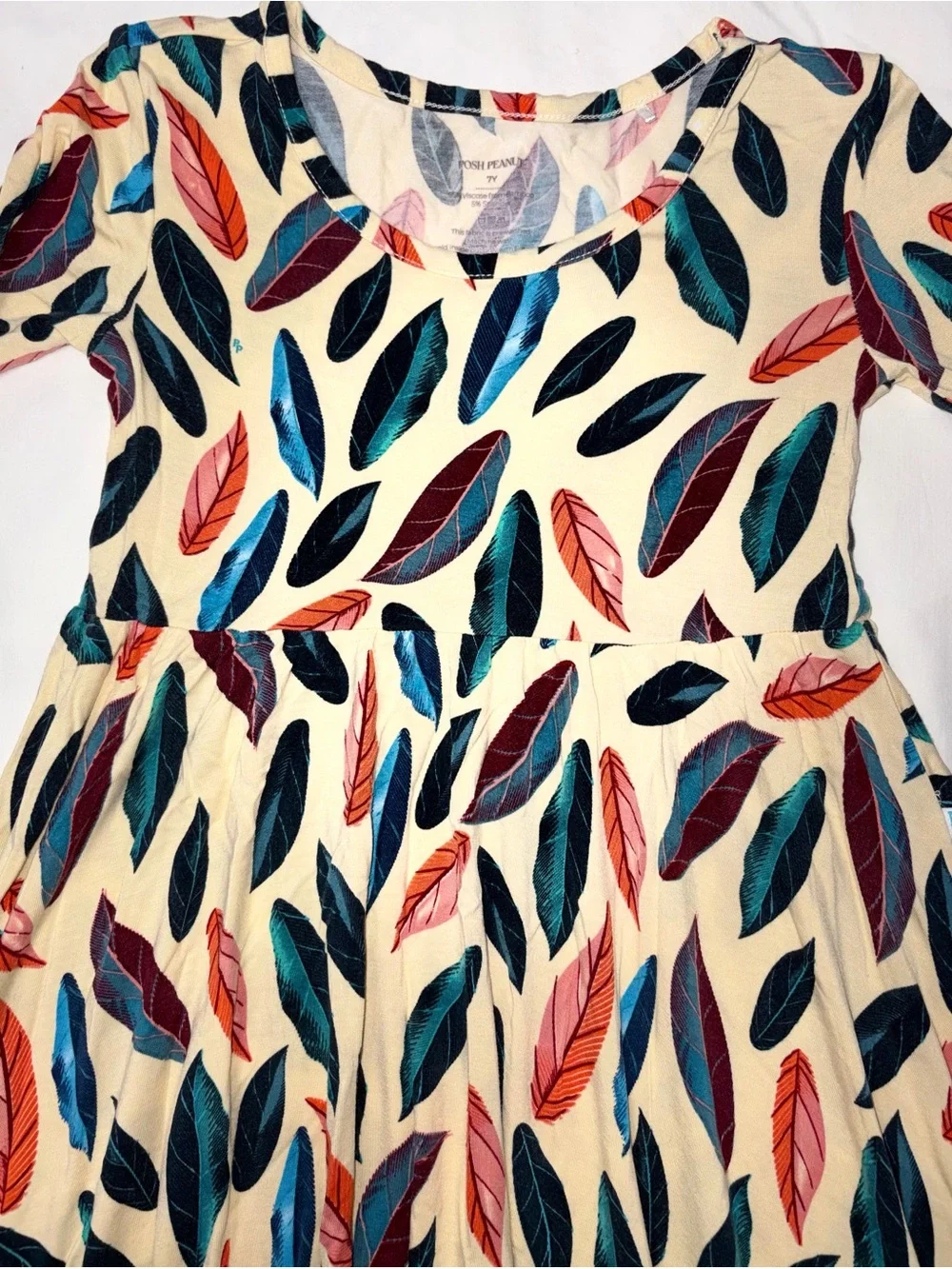Posh Peanut Bamboo Feather Print Long Sleeve Twirl Dress Girls Sz 7 EUC
